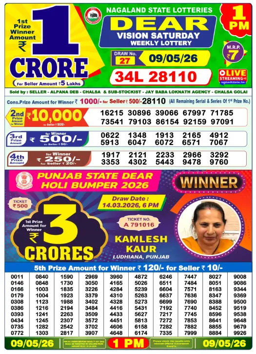 Nagaland Dear Lottery 1PM Result May 09 2026 – Dear Narmada May 09, 2026