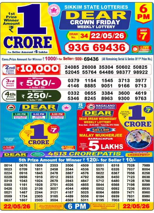 Dear Lottery 6PM Result 22-05-26 May 22, 2026