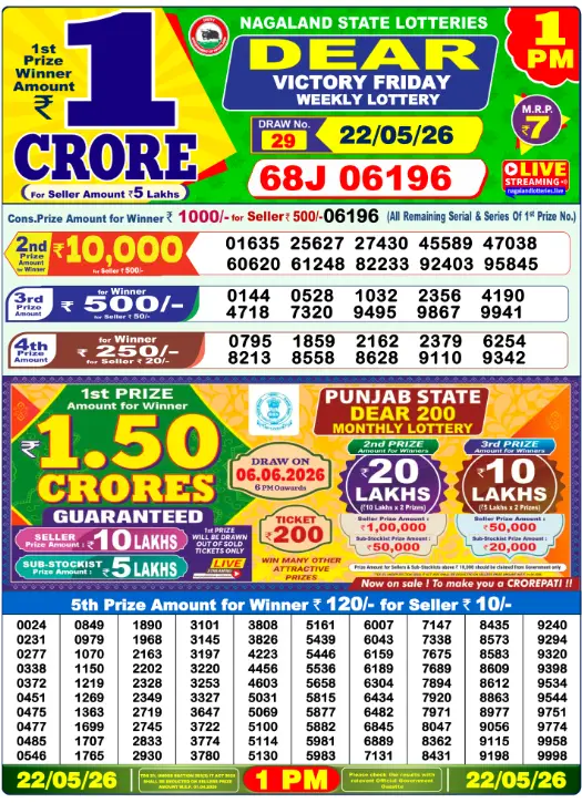 Dear Lottery 1PM Result 22-05-26 May 22, 2026