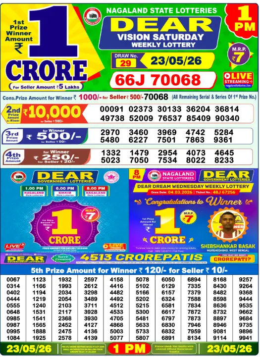 Dear Lottery 1PM Result 23-05-26 May 23, 2026