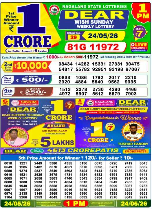 Dear Lottery 1PM Result 24-05-26 May 24, 2026