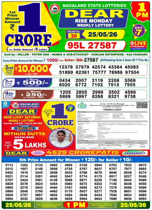 Dear Lottery 1PM Result 25-05-26 May 25, 2026