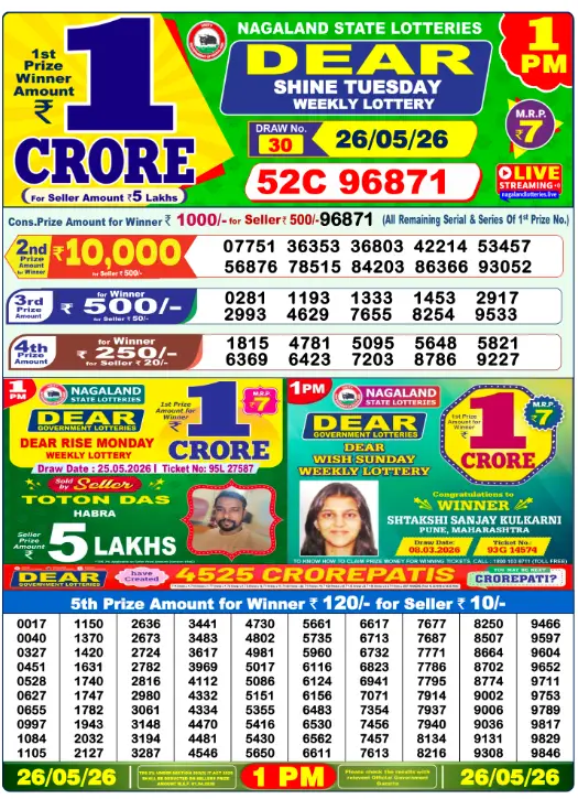 Dear Lottery 1PM Result 26-05-26 May 26, 2026