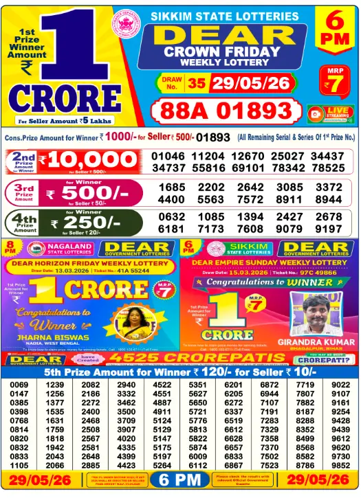 Dear Lottery 6PM Result 29-05-26 May 29, 2026