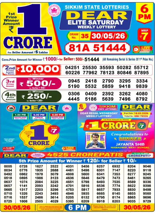 Dear Lottery 6PM Result 30-05-26 May 30, 2026