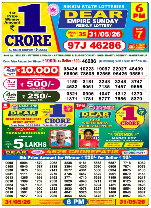 Dear Lottery 6PM Result 31-05-26 May 31, 2026