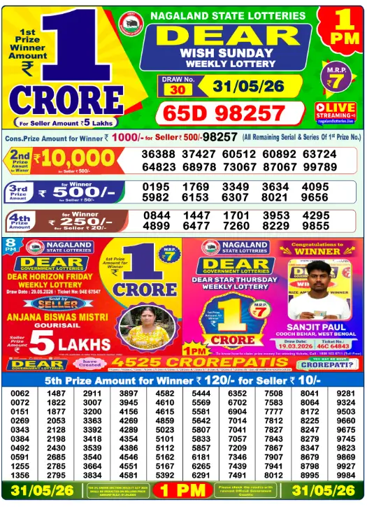 Dear Lottery 1PM Result 31-05-26 May 31, 2026