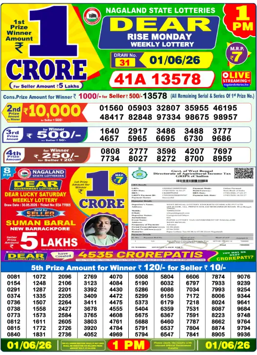 Dear Lottery 1PM Result 01-06-26 June 01, 2026