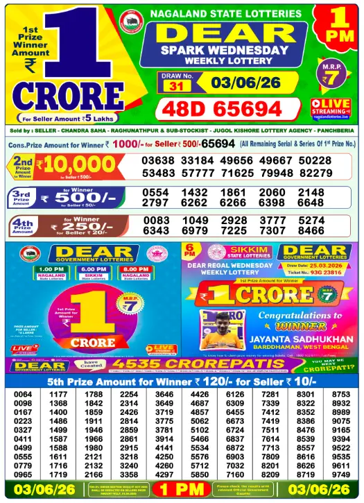 Dear Lottery 1PM Result 03-06-26 June 03, 2026