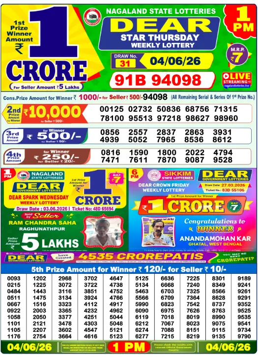 Dear Lottery 1PM Result 04-06-26 June 04, 2026