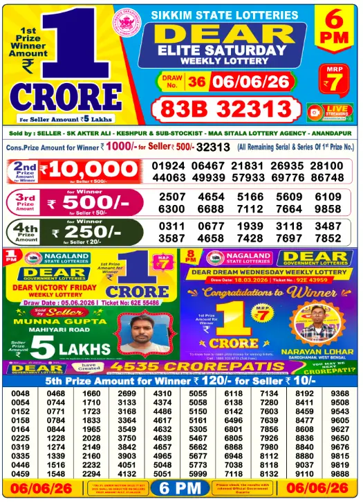 Dear Lottery 6PM Result 06-06-26 June 06, 2026