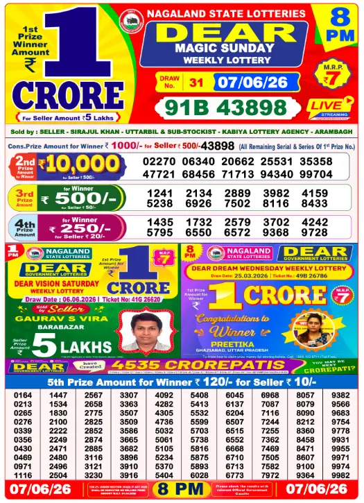 Dear Lottery 8PM Result 07-06-26 June 07, 2026