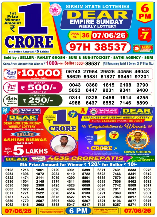 Dear Lottery 6PM Result 07-06-26 June 07, 2026