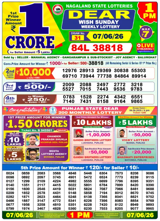 Dear Lottery 1PM Result 07-06-26 June 07, 2026