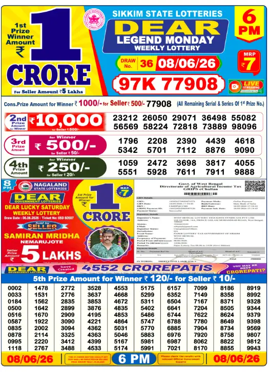 Dear Lottery 6PM Result 08-06-26 June 08, 2026