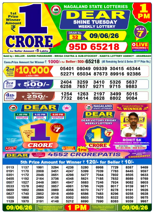 Dear Lottery 1PM Result 09-06-26 June 09, 2026
