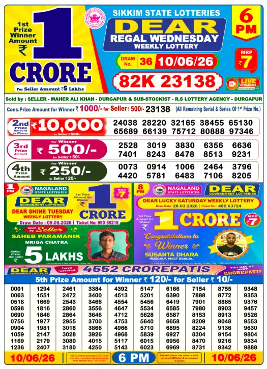 Dear Lottery 6PM Result 10-06-26 June 10, 2026