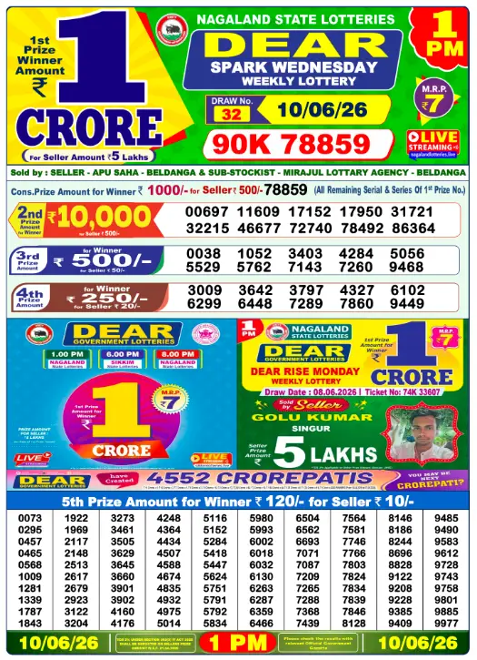 Dear Lottery 1PM Result 10-06-26 June 10, 2026