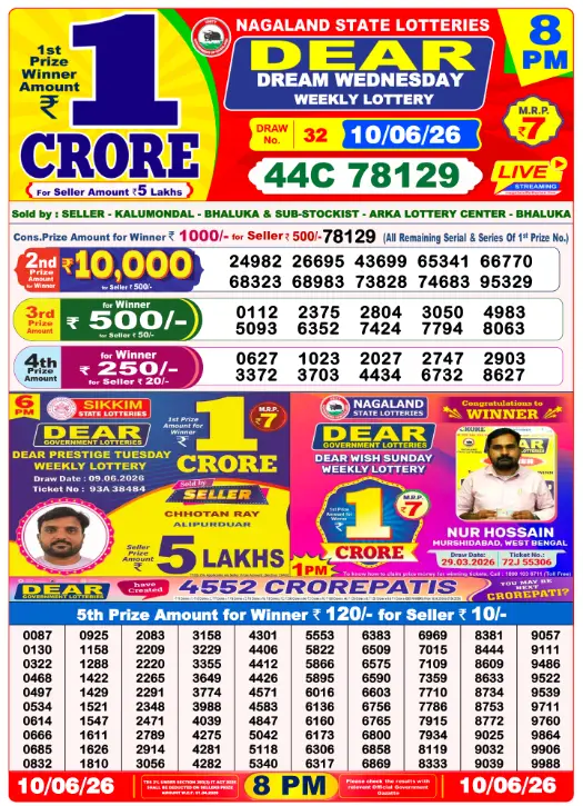 Dear Lottery 8PM Result 10-06-26 June 10, 2026