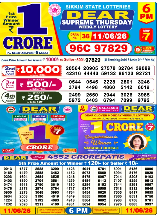 Dear Lottery 6PM Result 11-06-26 June 11, 2026