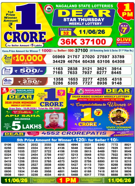 Dear Lottery 1PM Result 11-06-26 June 11, 2026