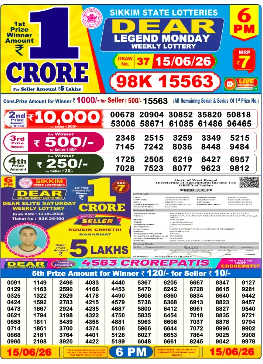 Dear Lottery 6PM Result 15-06-26 June 15, 2026