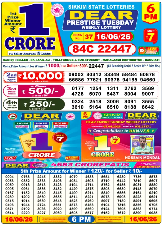 Dear Lottery 6PM Result 16-06-26 June 16, 2026