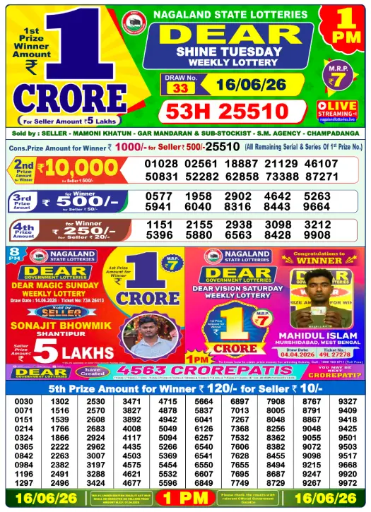 Dear Lottery 1PM Result 16-06-26 June 16, 2026