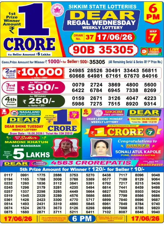 Dear Lottery 6PM Result 17-06-26 June 17, 2026