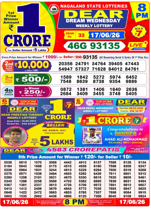 Dear Lottery 8PM Result 17-06-26