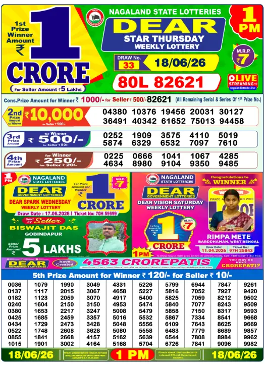 Dear Lottery 1PM Result 18-06-26