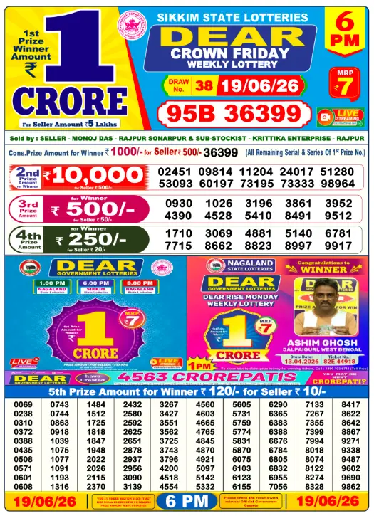Dear Lottery 6PM Result 19-06-26 June 19, 2026