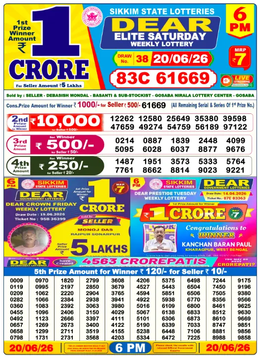Dear Lottery 6PM Result 20-06-26 June 20, 2026