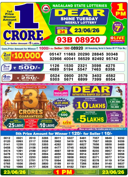 Dear Lottery 1PM Result 23-06-26 June 23, 2026