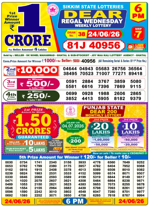 Dear Lottery 6PM Result 24-06-26 June 24, 2026