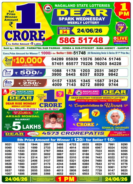Dear Lottery 1PM Result 24-06-26 June 24, 2026