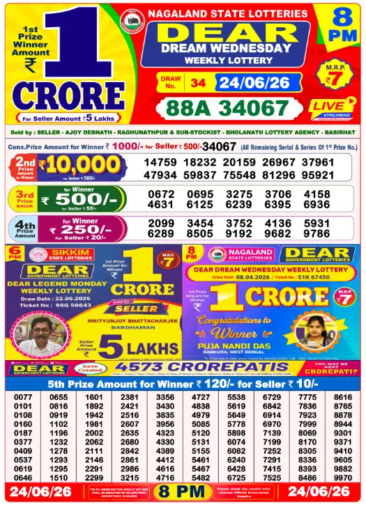 Dear Lottery 8PM Result 24-06-26 June 24, 2026
