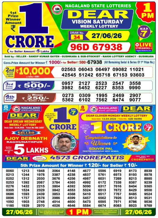 Dear Lottery 1PM Result 27-06-26