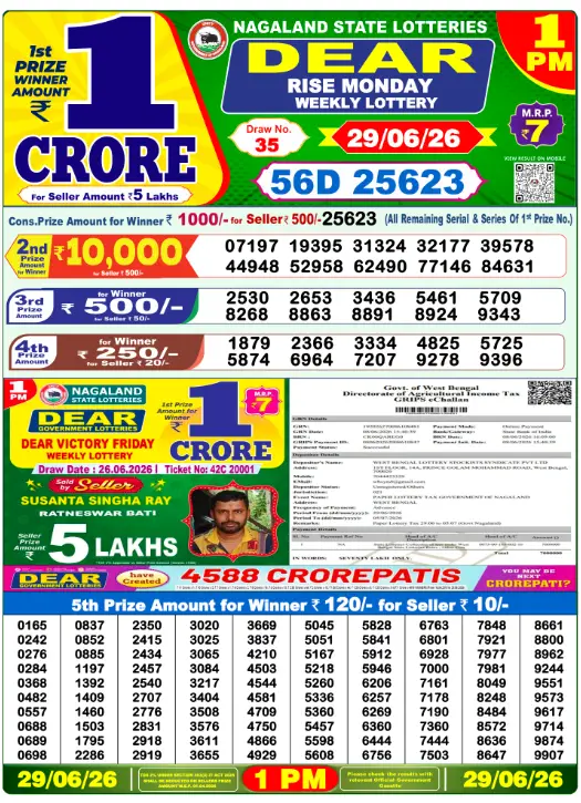 Dear Lottery 1PM Result 29-06-26 June 29, 2026