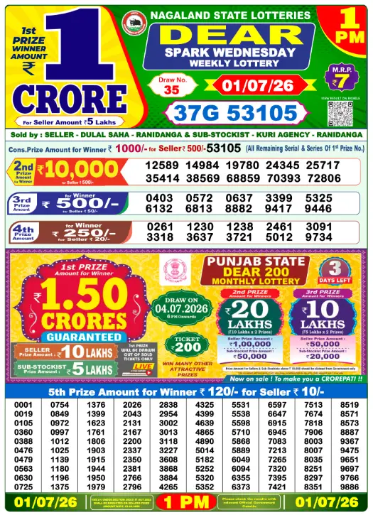 Dear Lottery 1PM Result 01-07-26 July 01, 2026