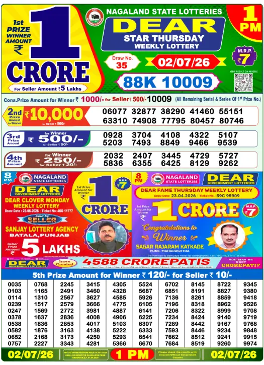 Dear Lottery 1PM Result 02-07-26 July 02, 2026