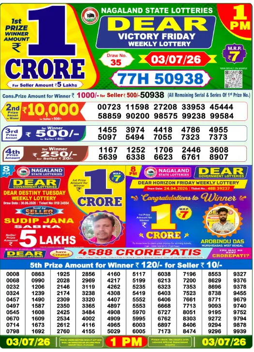 Dear Lottery 1PM Result 03-07-26 July 03, 2026