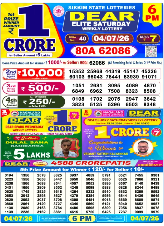 Dear Lottery 6PM Result 04-07-26 July 04, 2026