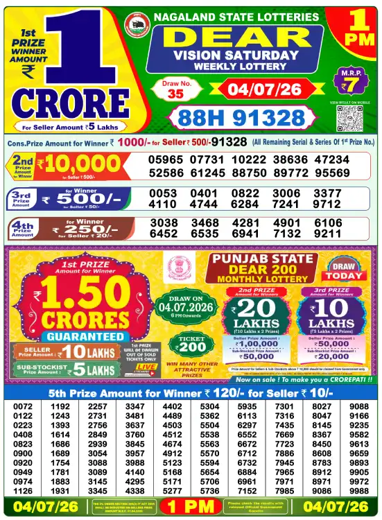 Dear Lottery 1PM Result 04-07-26 July 04, 2026