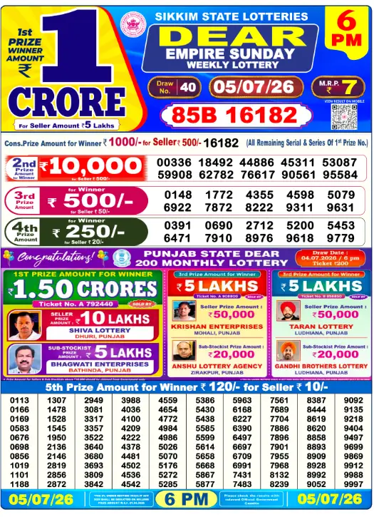 Dear Lottery 6PM Result 05-07-26 July 05, 2026