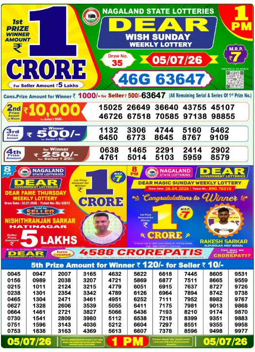 Dear Lottery 1PM Result 05-07-26 July 05, 2026