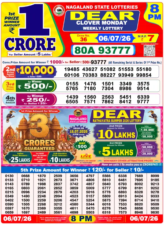 Dear Lottery 8PM Result 06-07-26 July 06, 2026