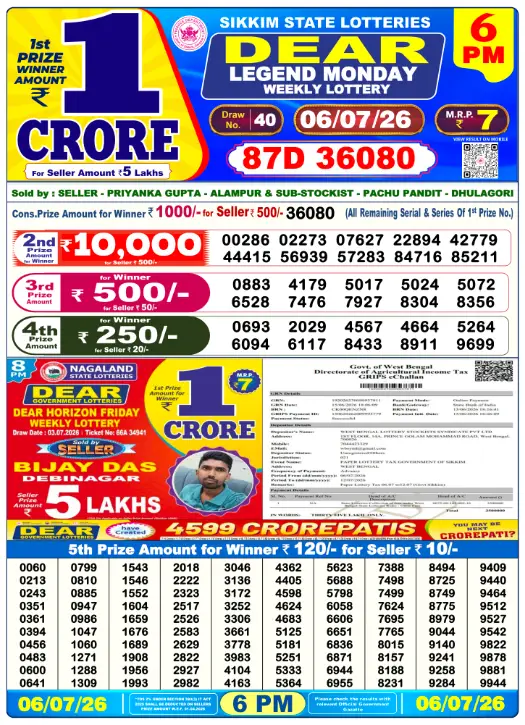 Dear Lottery 6PM Result 07-07-26 July 07, 2026
