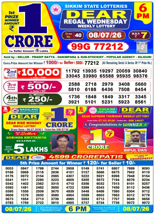 Dear Lottery 6PM Result 08-07-26 July 08, 2026