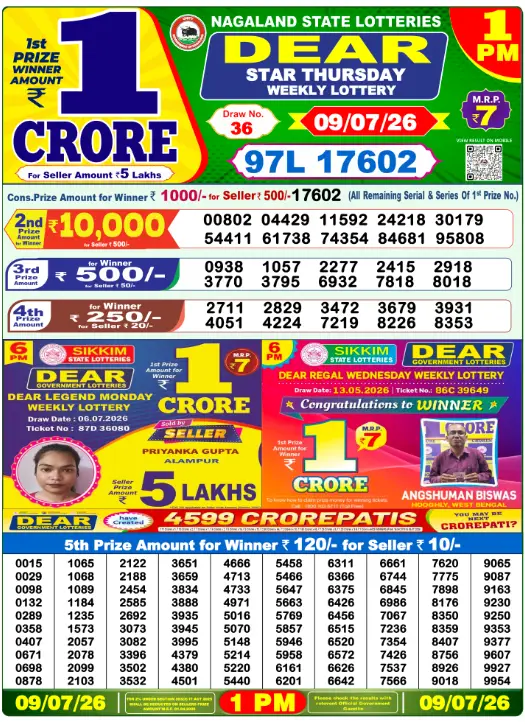 Dear Lottery 1PM Result 09-07-26 July 09, 2026